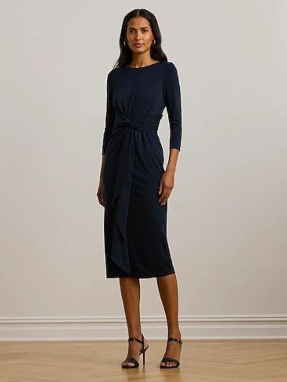 $165 Lauren Ralph Lauren TWIST FRONT STRETCH JERSEY MIDI DRESS Navy Size 4